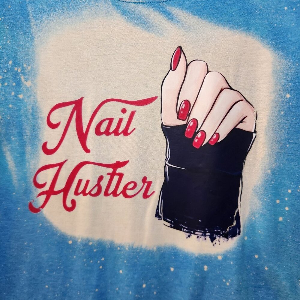 Nail Hustler Graphic T-Shirt Blue Tie-Dye Gildan Soft Style Size L
